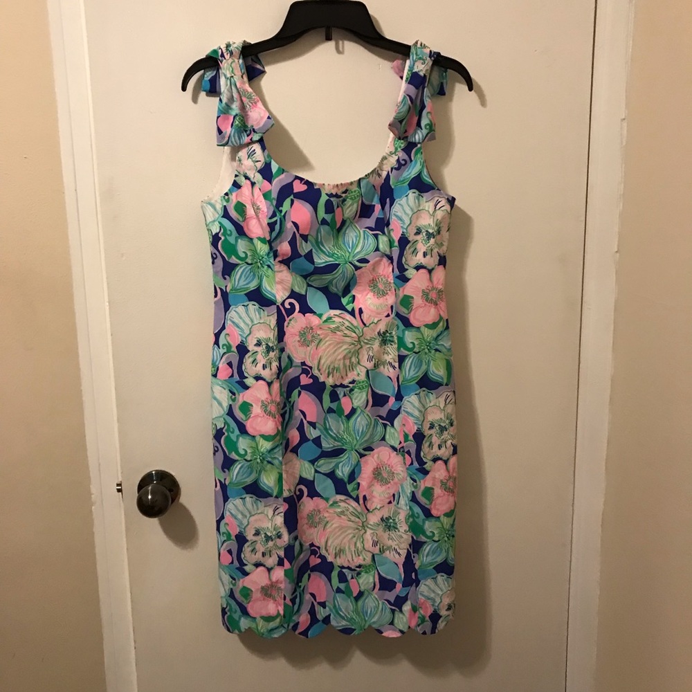 Lilly Pulitzer Blue Floral Shift Dress with Pink and Green Accents
